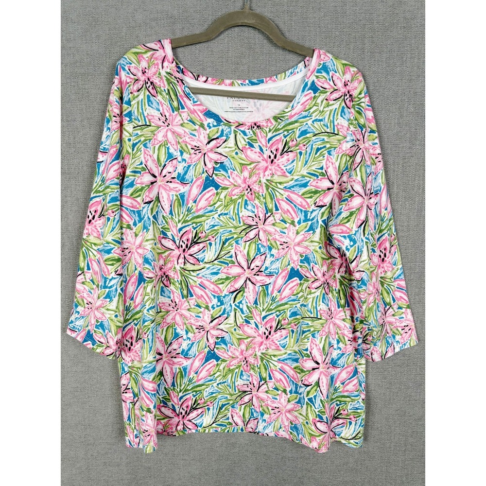 Talbots Top Women 1X Pink Blue Floral 3/4 Sleeve Colorful Tropical Casual Resort